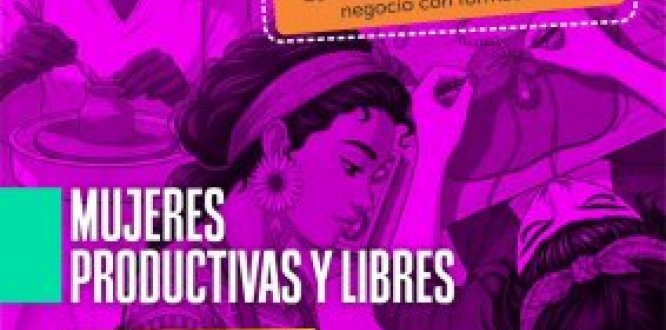 Afiche en tonos fucsia que invita a mujeres emprendedoras de San Cristóbal a inscribirse en “Mujeres Productivas y Libres” del 23 al 27 de febrero.