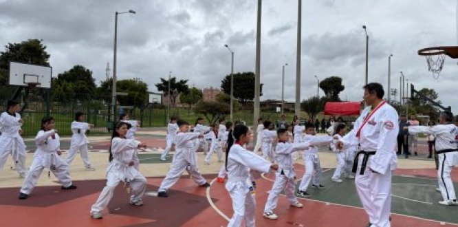 Entrenador de taekwondo dando clase a sus alumnos Entrenador de taekwondo dando clase a sus alumnos